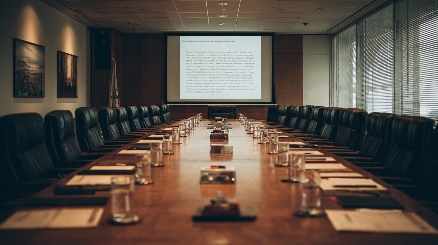 Formal boardroom viewed from one end of a long polished table, black leather chairs on both sides, folders at each seat