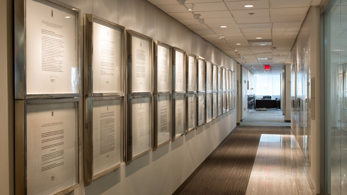 Long office corridor lined with dozens of framed typed documents mounted in uniform rows along a white wall